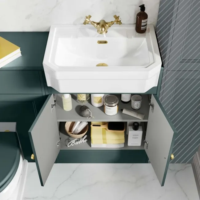 Monaco Midnight Green Combination Vanity Traditional Basin and Hudson Toilet with Wooden Seat 1200mm - Brushed Brass Accents
