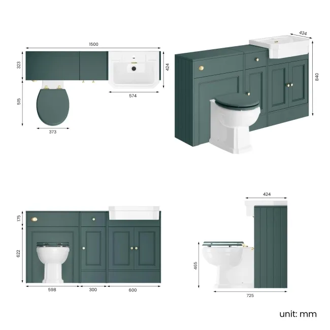 Monaco Midnight Green Combination Vanity Traditional Basin and Hudson Toilet with Wooden Seat 1500mm - Brushed Brass Accents