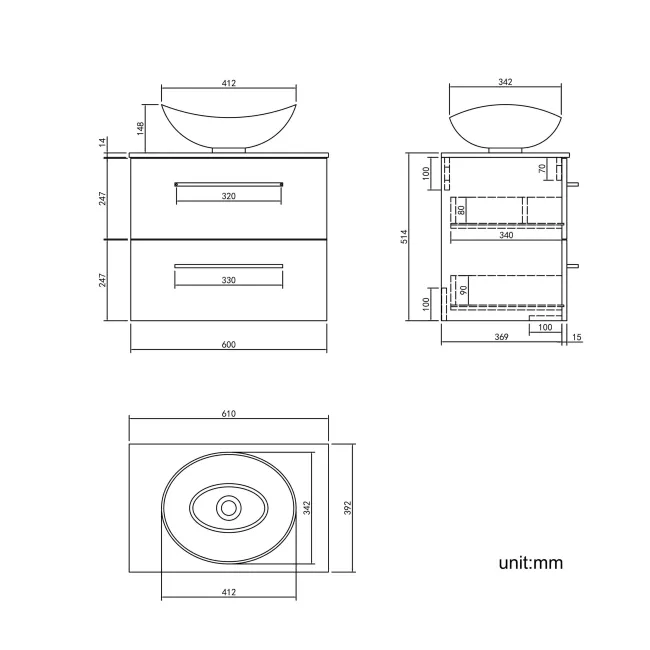 Elba Gloss White Wall Hung Drawer Vanity with Marble Top & Oval Counter Top Basin 600mm - Black Accents