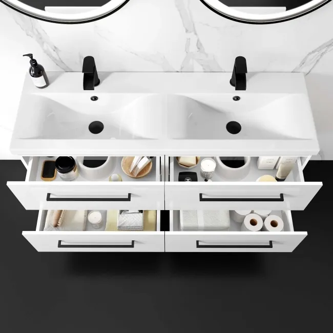 Elba Gloss White Wall Hung Double Basin Drawer Vanity 1200mm - Black Accents