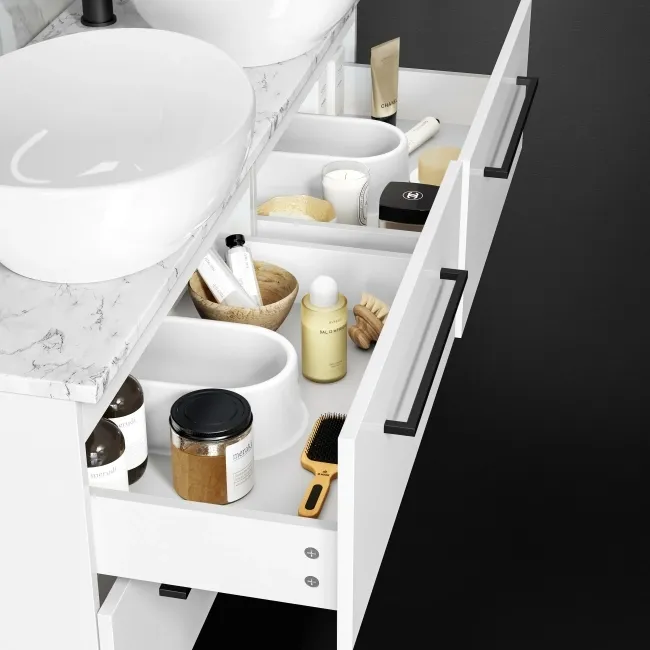 Elba Gloss White Double Wall Hung Drawer Vanity with Marble Top & Oval Basin 1200mm - Black Accents
