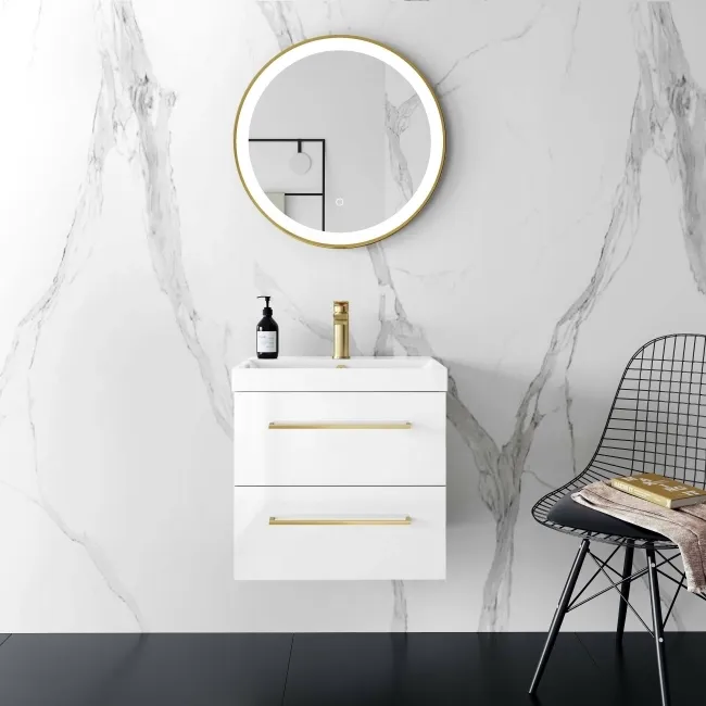 Elba Gloss White Wall Hung Basin Drawer Vanity 500mm - Brushed Brass Accents