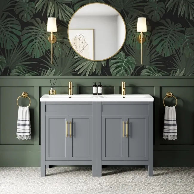 Bermuda Dove Grey Double Basin Vanity 1200mm - Brass Knurled Handles