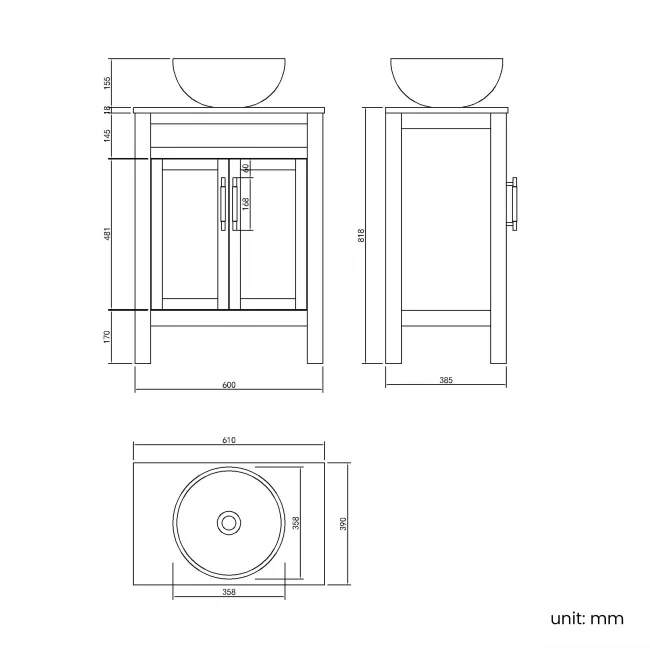 Bermuda Dove Grey Vanity with Round Counter Top Basin 600mm - Brass Knurled Handles