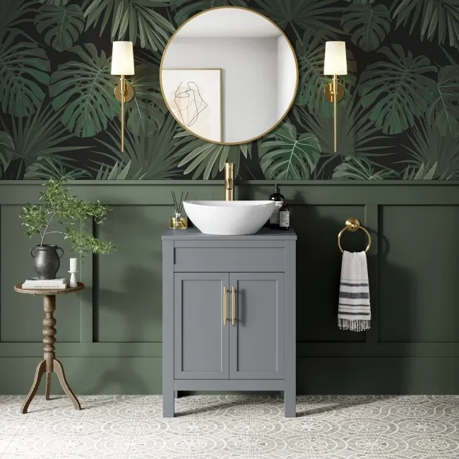 Bermuda Dove Grey Vanity with Oval Counter Top Basin 600mm - Brass Knurled Handles