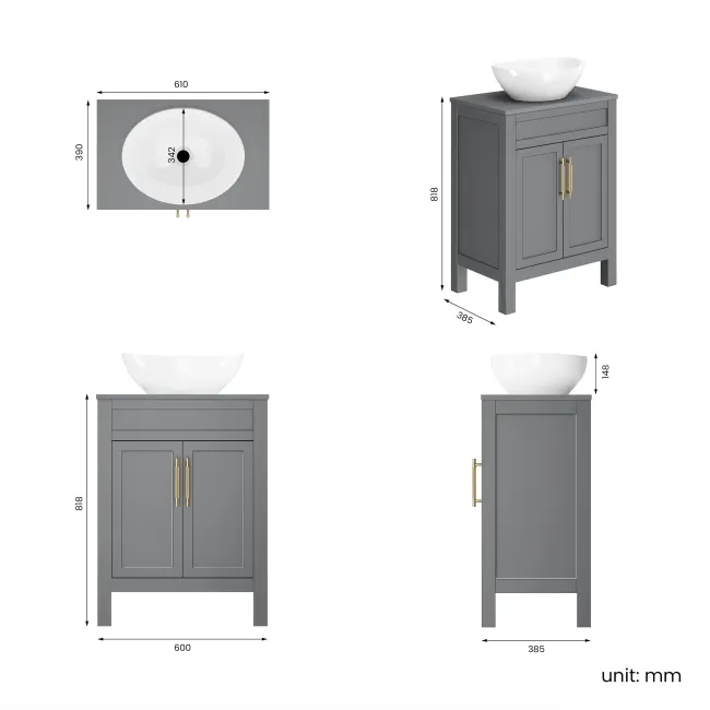 Bermuda Dove Grey Vanity with Oval Counter Top Basin 600mm - Brass Knurled Handles