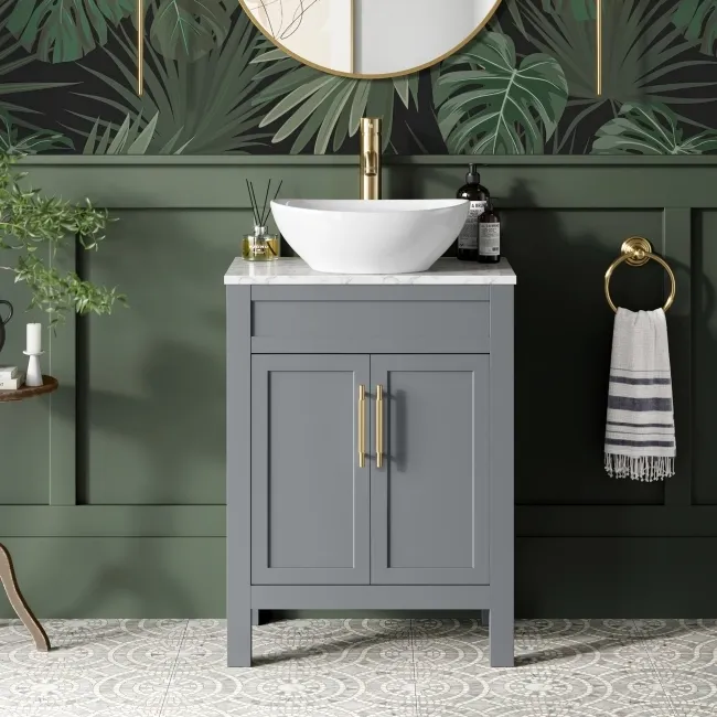 Bermuda Dove Grey Vanity with Marble Top & Oval Counter Top Basin 600mm - Brass Knurled Handles