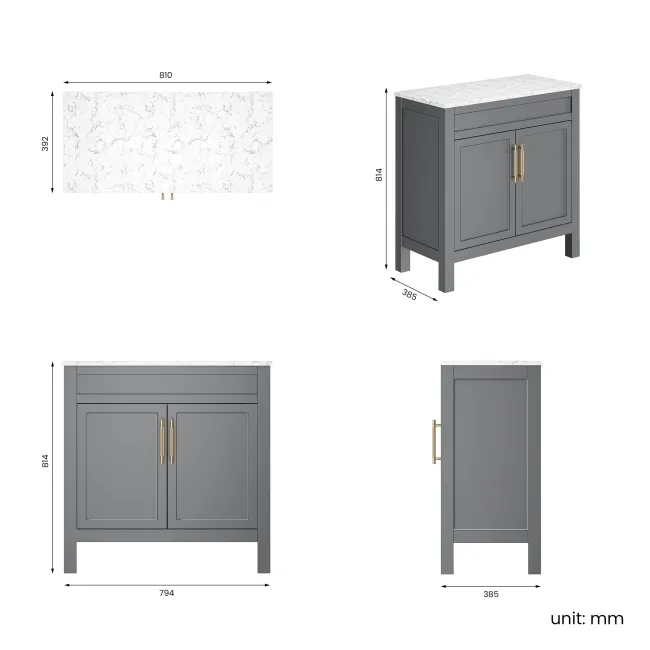 Bermuda Dove Grey Cabinet with Marble Top 800mm Excludes Counter Top Basin - Brass Knurled Handles