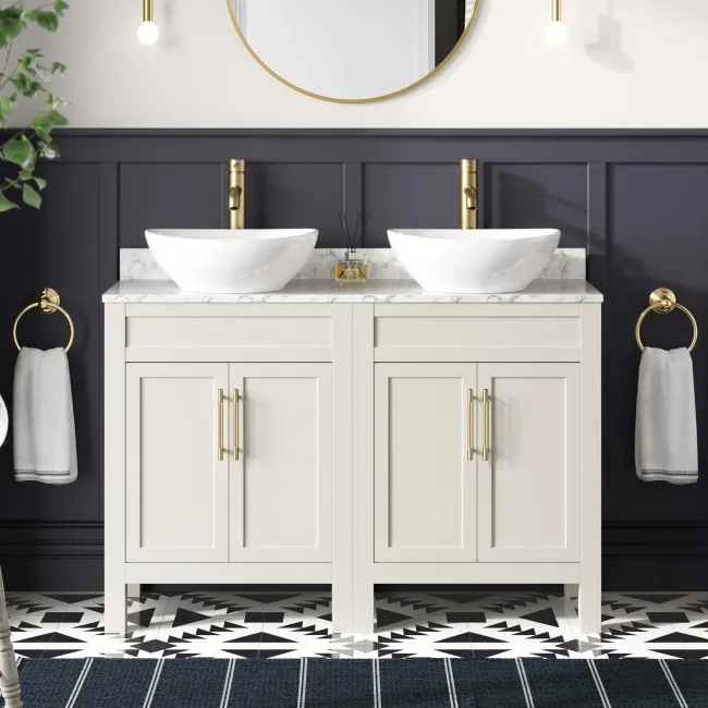 Bermuda Chalk White Vanity with Marble Top & Oval Counter Top Basin 1200mm - Brass Knurled Handles