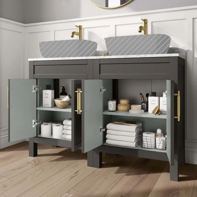 Bermuda Graphite Grey Cabinet with Marble Top 1200mm Excludes Counter Top Basins - Brass Knurled Handles
