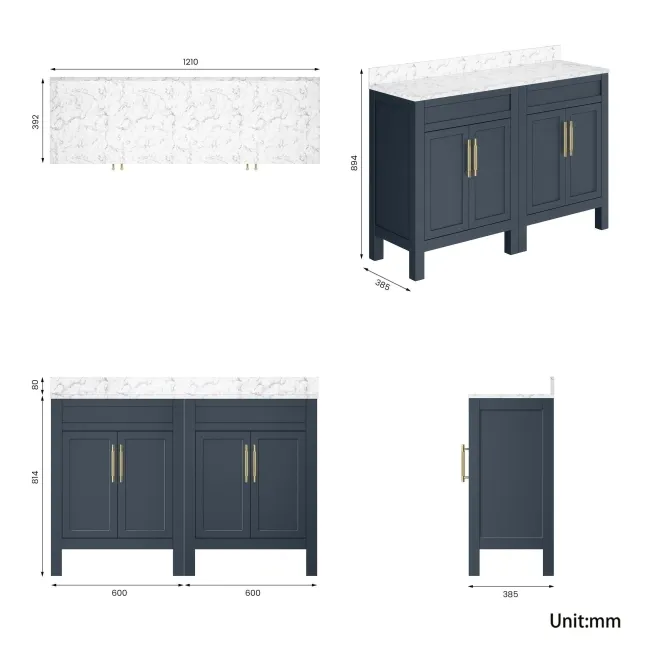 Bermuda Inky Blue Cabinet with Marble Top 1200mm Excludes Counter Top Basins - Brass Knurled Handles
