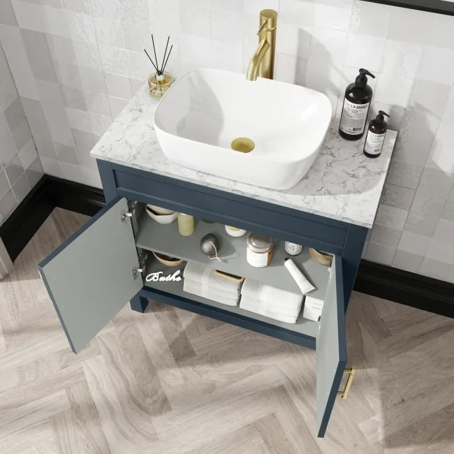 Bermuda Inky Blue Vanity with Marble Top & Curved Counter Top Basin 800mm - Brass Knurled Handles