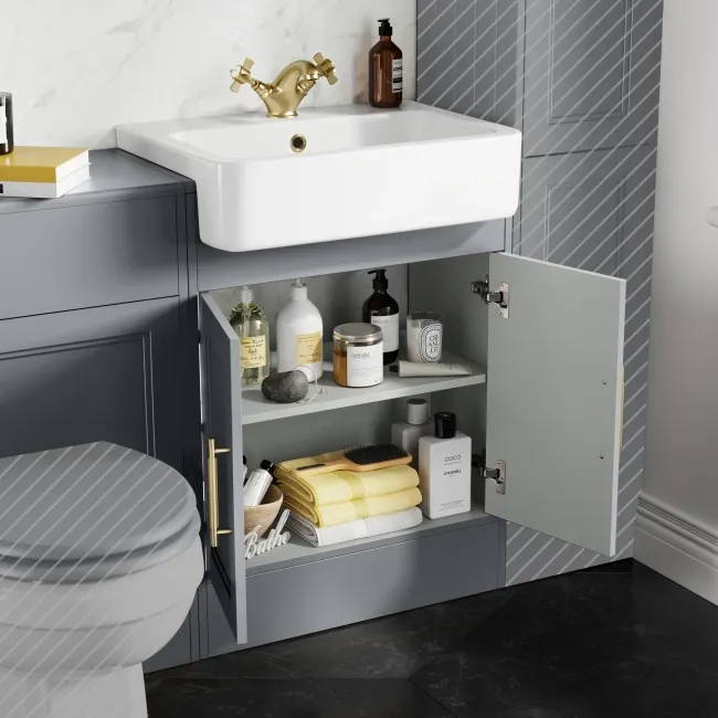 Monaco Dove Grey Basin Vanity and Back To Wall Toilet Unit 1200mm (Excludes Pan & Cistern) - Brass Knurled Handles
