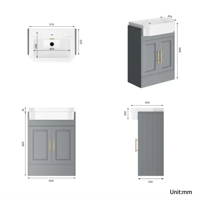 Monaco Dove Grey Traditional Basin Vanity 600mm - Brass Knurled Handles