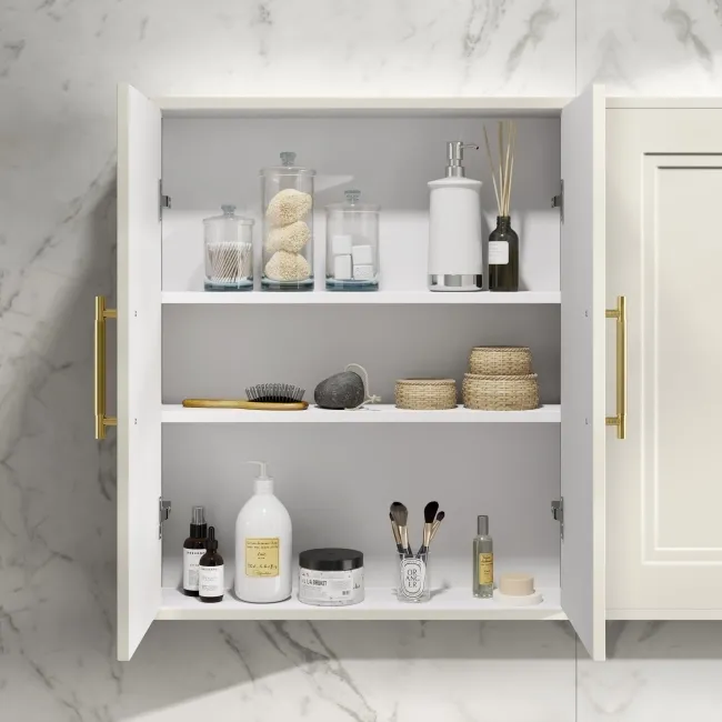 Chalk White Wall Hung Cabinet 700x600mm - Brass Knurled Handles