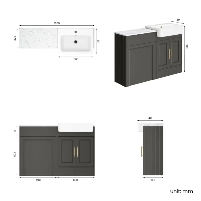 Monaco Graphite Grey Combination Vanity Basin with Marble Top 1200mm (Excludes Pan & Cistern) - Brass Knurled Handles