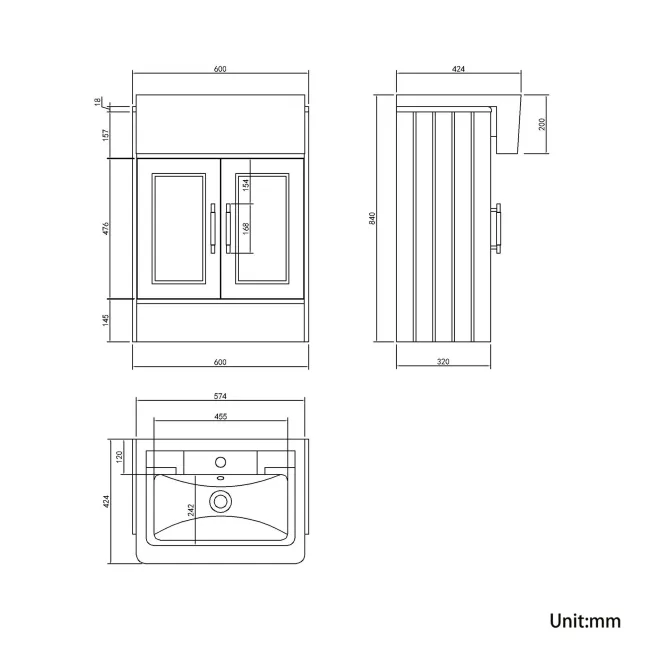 Monaco Graphite Grey Traditional Basin Vanity 600mm - Brass Knurled Handles