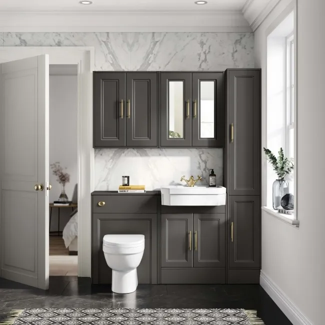 Monaco Graphite Grey Combination Vanity Traditional Basin and Seattle Toilet 1200mm - Brass Knurled Handles