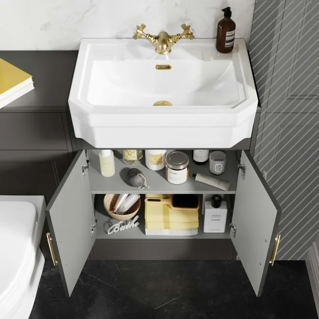 Monaco Graphite Grey Combination Vanity Traditional Basin and Seattle Toilet 1200mm - Brass Knurled Handles