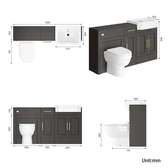 Monaco Graphite Grey Combination Vanity Traditional Basin and Seattle Toilet 1500mm - Brass Knurled Handles