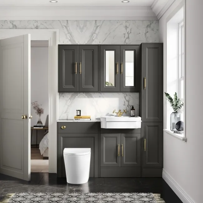 Monaco Graphite Grey Combination Vanity Traditional Basin with Marble Top & Boston Toilet 1200mm - Brass Knurled Handles