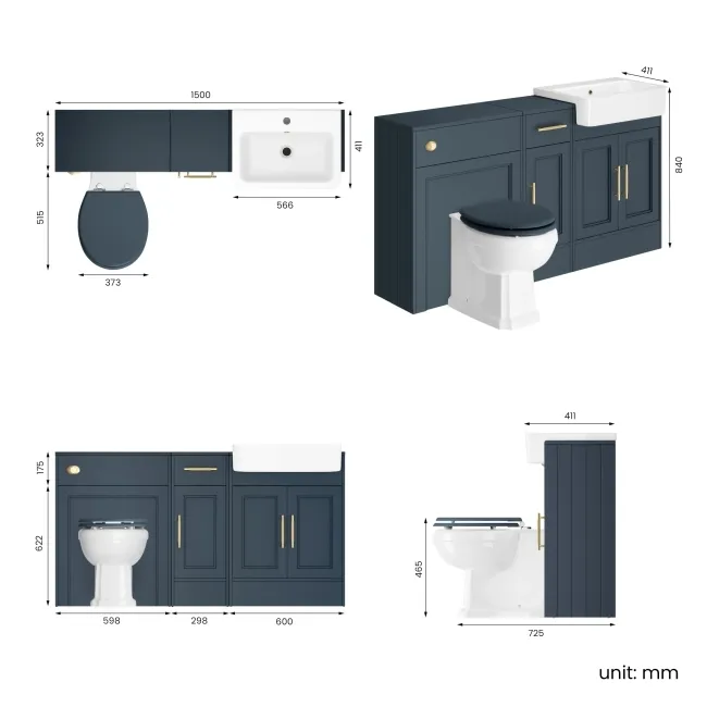 Monaco Inky Blue Combination Vanity Basin and Hudson Toilet with Wooden Seat 1500mm - Brass Knurled Handles