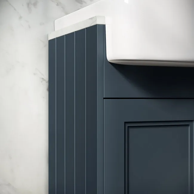 Monaco Inky Blue Combination Vanity Basin with Marble Top and Boston Toilet 1500mm - Brass Knurled Handles