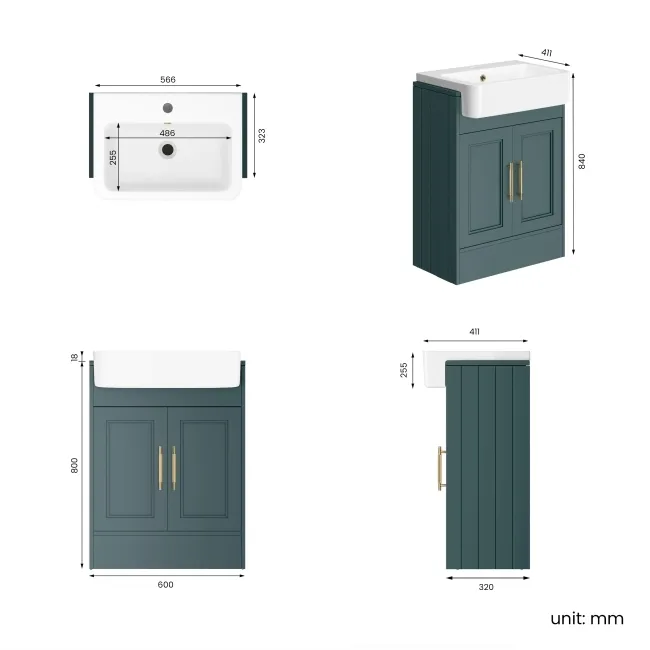 Monaco Midnight Green Basin Vanity 600mm - Brass Knurled Handles