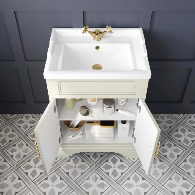 Lucia Chalk White Basin Vanity 630mm - Brass Knurled Handles