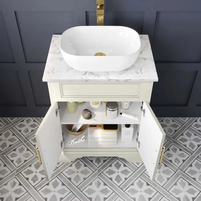 Lucia Chalk White Vanity with Marble Top & Curved Counter Top Basin 640mm - Brass Knurled Handles