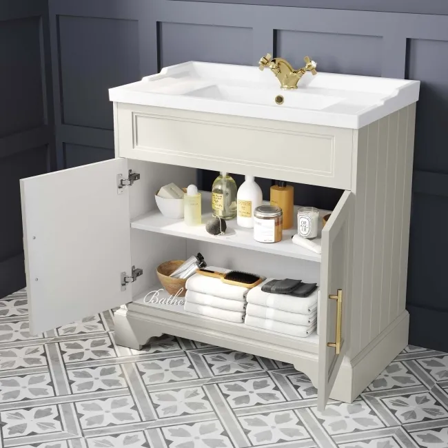 Lucia Chalk White Basin Vanity 830mm - Brass Knurled Handles