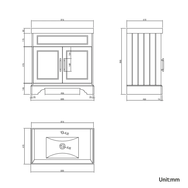 Lucia Chalk White Basin Vanity 830mm - Brass Knurled Handles