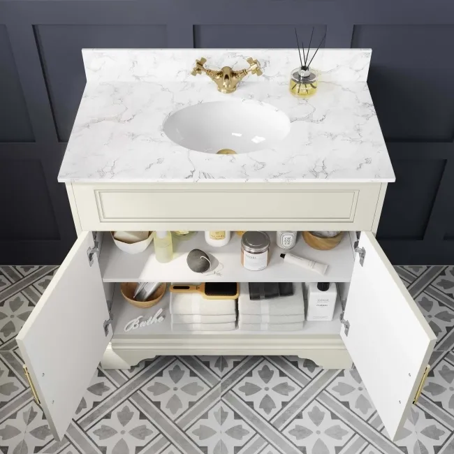 Lucia Chalk White Vanity with Marble Top & Undermount Basin 830mm - Brass Knurled Handles