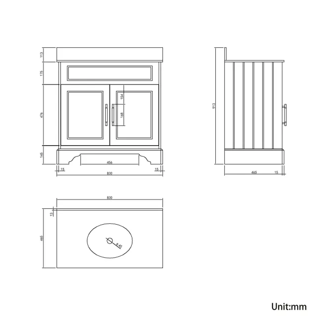 Lucia Chalk White Vanity with Marble Top & Undermount Basin 830mm - Brass Knurled Handles