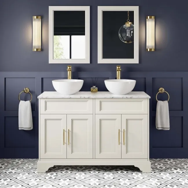 Lucia Chalk White Double Vanity with Marble Top & Round Counter Top Basin 1200mm - Brass Knurled Handles