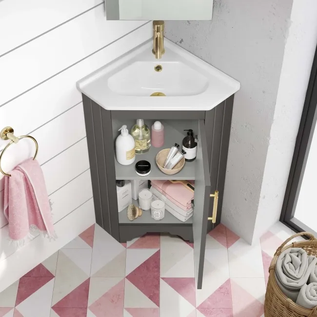 Lucia Graphite Grey Corner Basin Vanity 400mm - Brass Knurled Handle