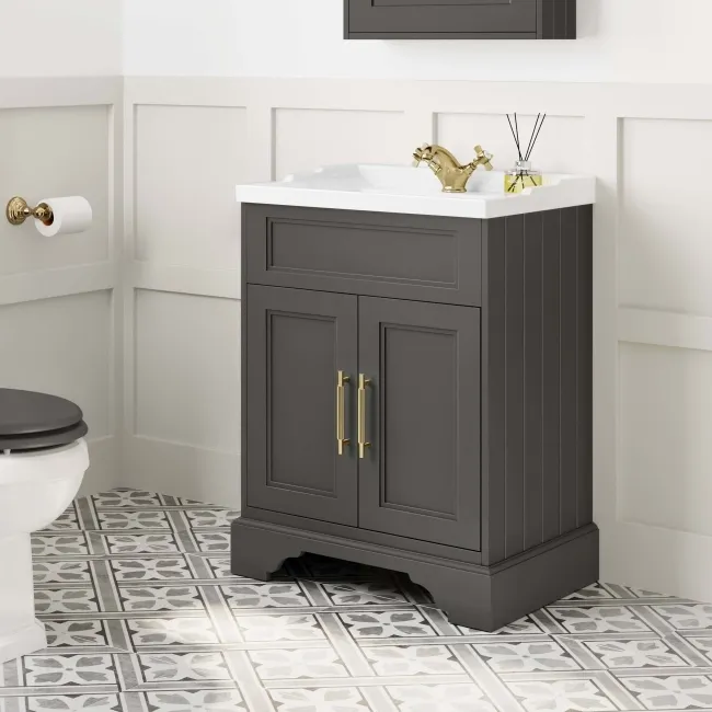 Lucia Graphite Grey Basin Vanity 630mm - Brass Knurled Handles