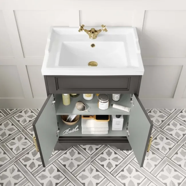 Lucia Graphite Grey Basin Vanity 630mm - Brass Knurled Handles