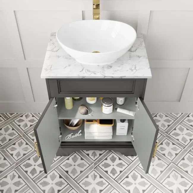 Lucia Graphite Grey Vanity with Marble Top & Oval Counter Top Basin 640mm - Brass Knurled Handles