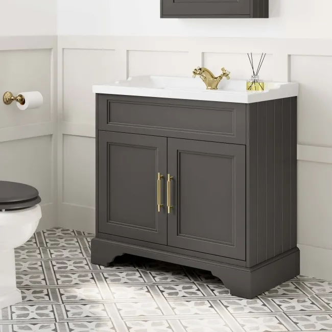 Lucia Graphite Grey Basin Vanity 830mm - Brass Knurled Handles