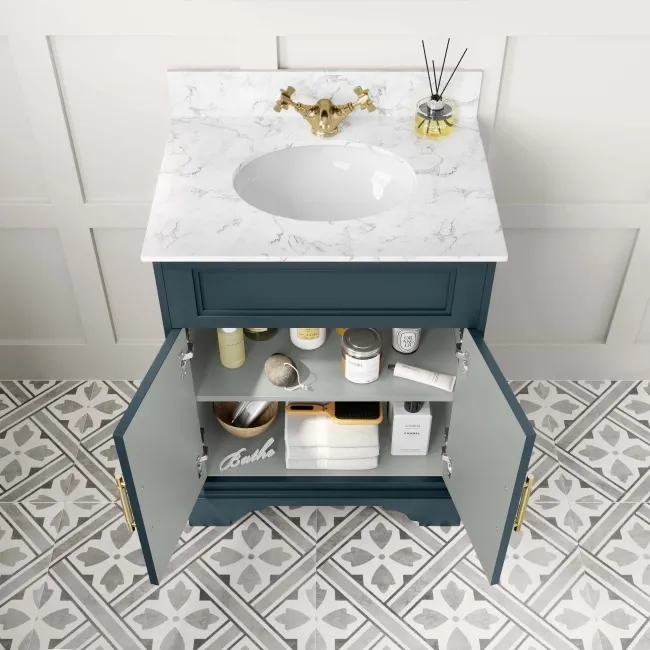 Lucia Inky Blue Vanity with Marble Top & Undermount Basin 630mm - Brass Knurled Handles