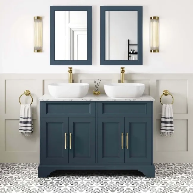 Lucia Inky Blue Double Vanity with Marble Top & Curved Counter Top Basin 1200mm - Brass Knurled Handles