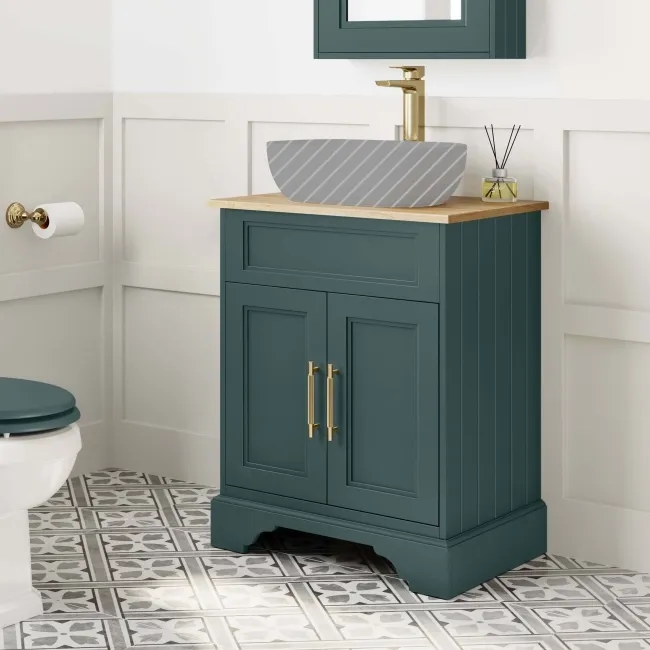 Lucia Midnight Green Cabinet with Oak Effect Top 640mm (Excludes Counter Top Basin) - Brass Knurled Handles
