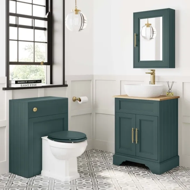 Lucia Midnight Green Vanity with Oak Effect Top & Curved Counter Top Basin 640mm - Brass Knurled Handles