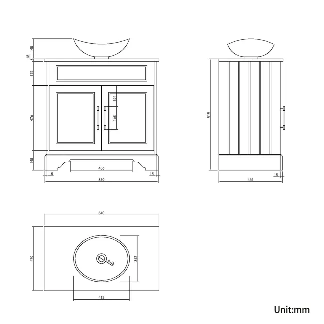 Lucia Midnight Green Vanity with Oak Effect Top & Oval Counter Top Basin 840mm - Brass Knurled Handles