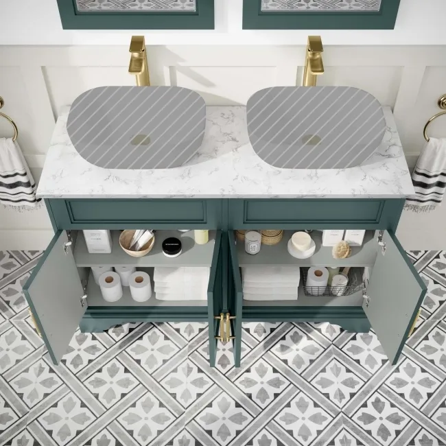 Lucia Midnight Green Cabinet with Marble Top 1200mm (Excludes Counter Top Basins) - Brass Knurled Handles