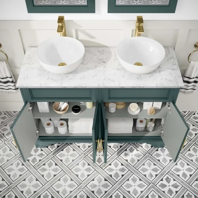 Lucia Midnight Green Double Vanity with Marble Top & Round Counter Top Basin 1200mm - Brass Knurled Handles
