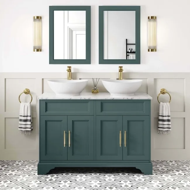 Lucia Midnight Green Double Vanity with Marble Top & Oval Counter Top Basin 1200mm - Brass Knurled Handles