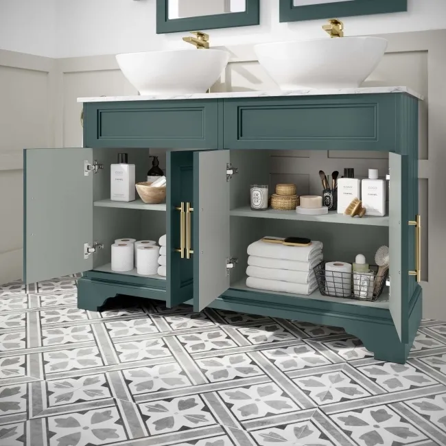 Lucia Midnight Green Double Vanity with Marble Top & Oval Counter Top Basin 1200mm - Brass Knurled Handles