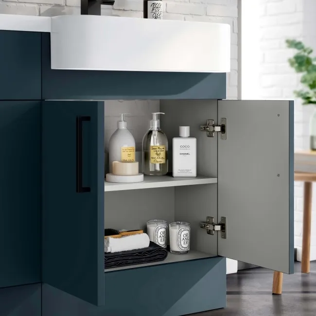 Harper Navy Blue Basin Vanity and Back To Wall Toilet Unit 1200mm (Excludes Toilet) - Black Accents - Right Handed
